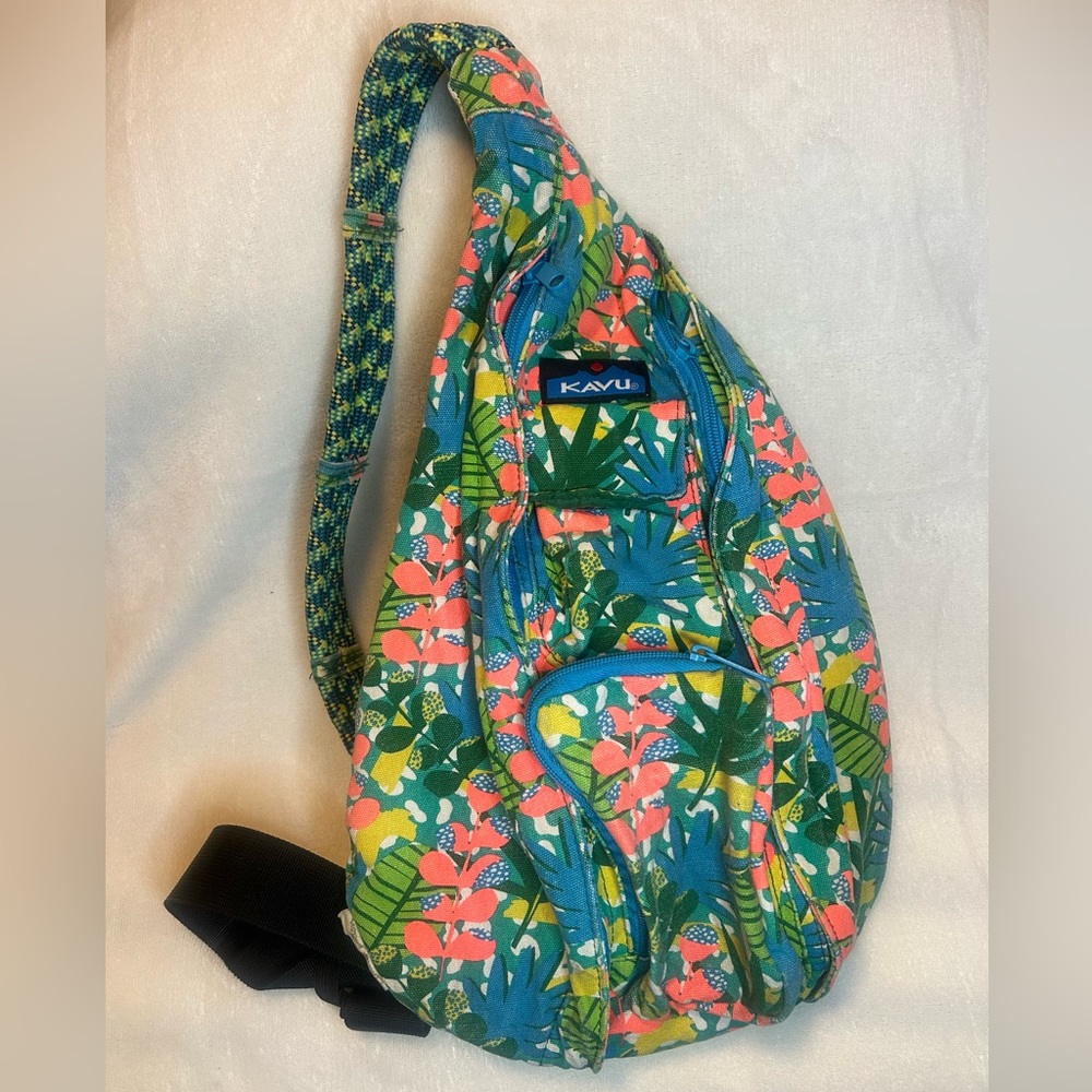 KAVU Tropical Print Crosbody Rope Bag Sling Pack for Hiking, Camping, Commuting